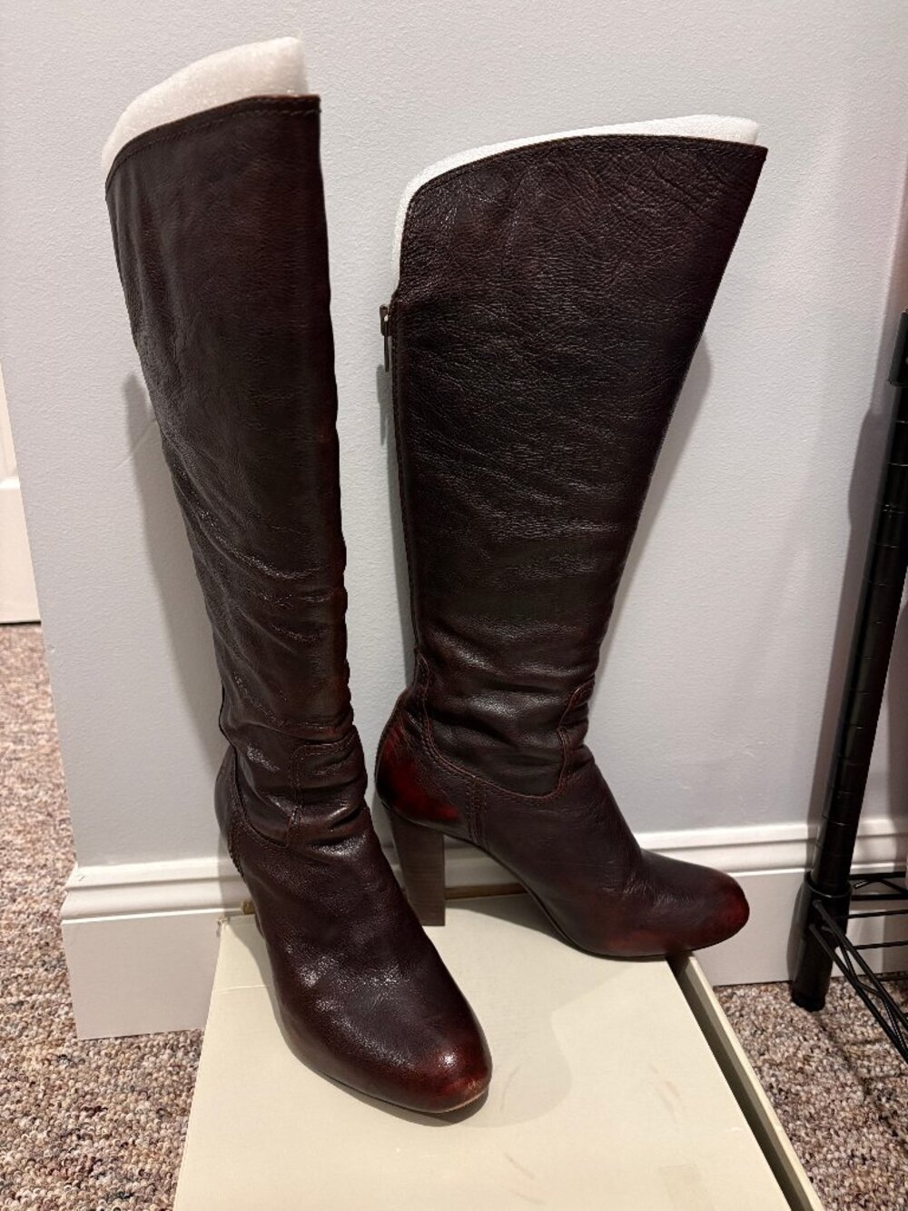 Frye "Miranda" Back Zip Leather High Heel Boots Dark Brown